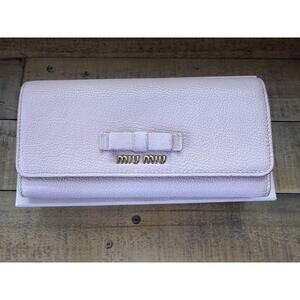 Vintage Miu Miu Wallet Women's Pink Leather Bow Long Folding Zip Clutch Box/COA